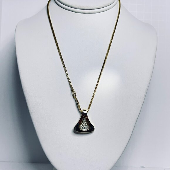 Vintage Gold Tone Box Chain Necklace With Clear Rhinestone Pave Pendant (5682) - Picture 1 of 7